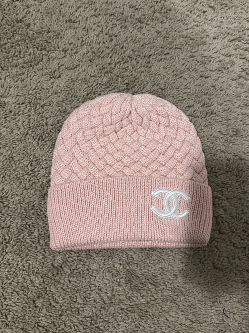 CHANEL Pale Pink Cable-Knit Beanie with CC Patch